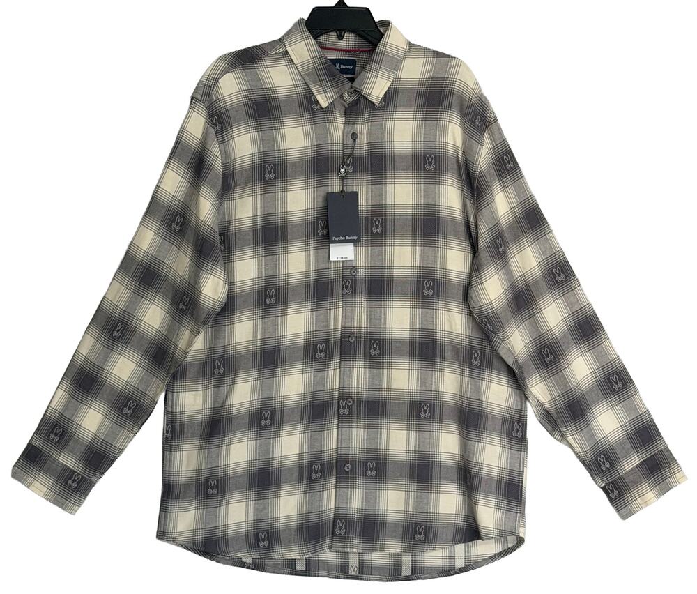 Psycho Bunny Flannel Shirt Men's XL Kurt Plaid Long Sleeve Blackened Pearl NWT